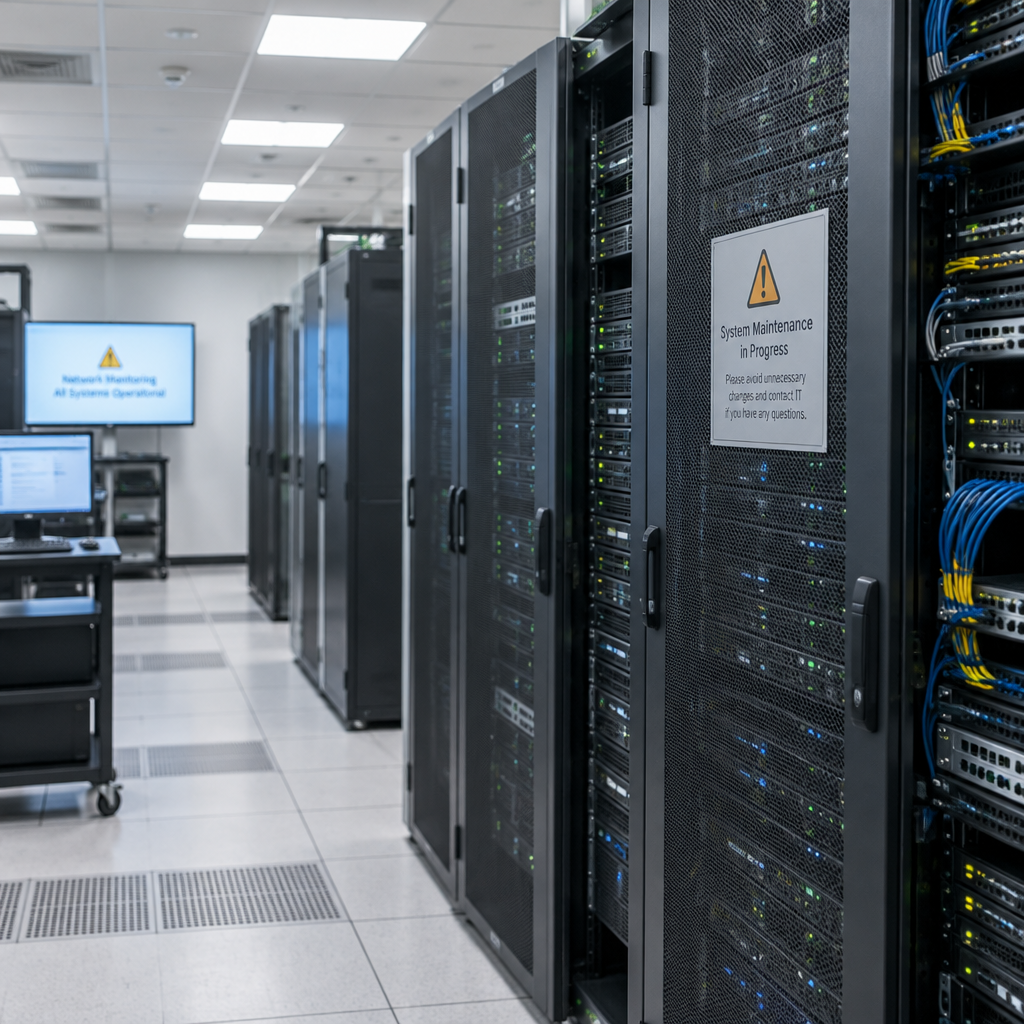 Rows of computer servers and networking equipment in a brightly-lit data center with a subtle warning notice.