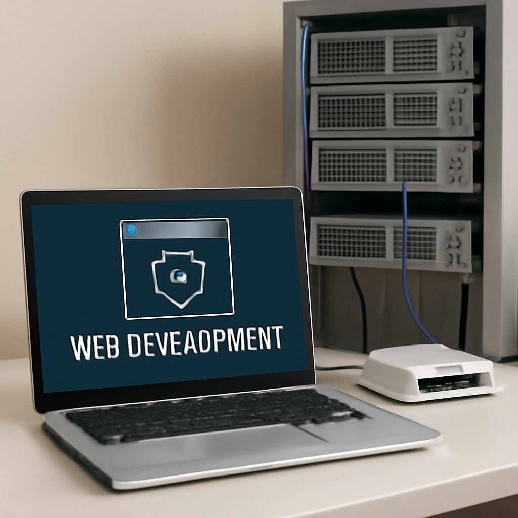A typical web development workstation with a laptop and router on a neutral background.