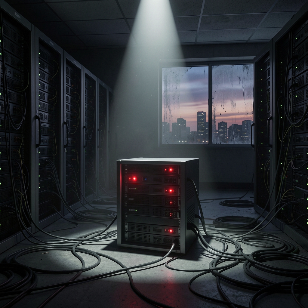 Dimly lit server room with spotlight on a lone, vulnerable server surrounded by tangled cables and wires.