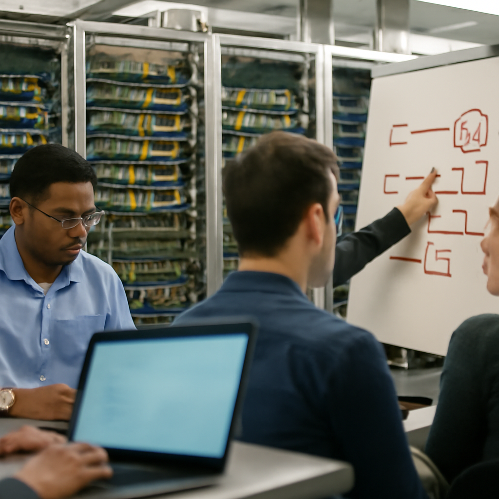 Technicians in a network operations room examine a laptop and network diagram amidst rows of servers and equipment.