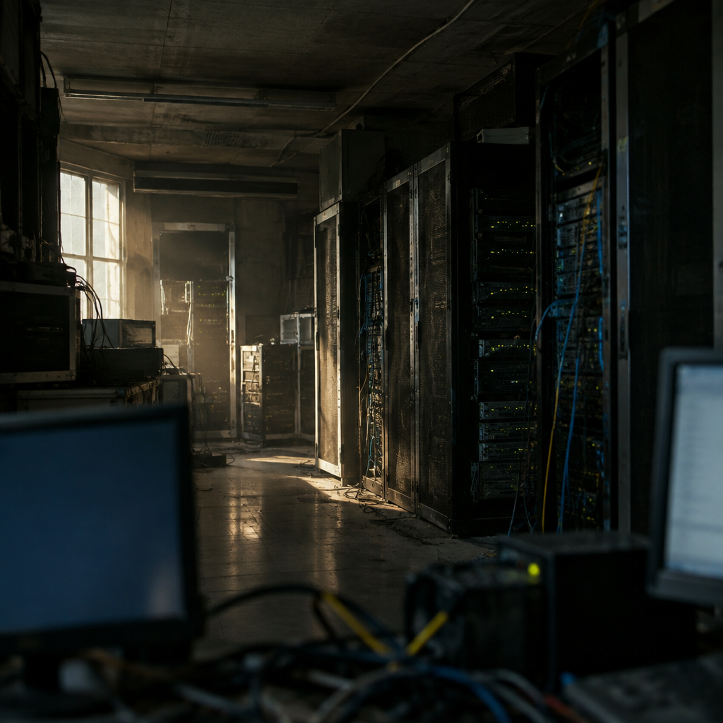 Dimly lit server room with dusty equipment and subtle daylight glow.