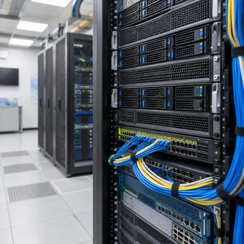 Rows of rack-mounted servers and network equipment in a brightly-lit web server room with cables and wires in the foreground.