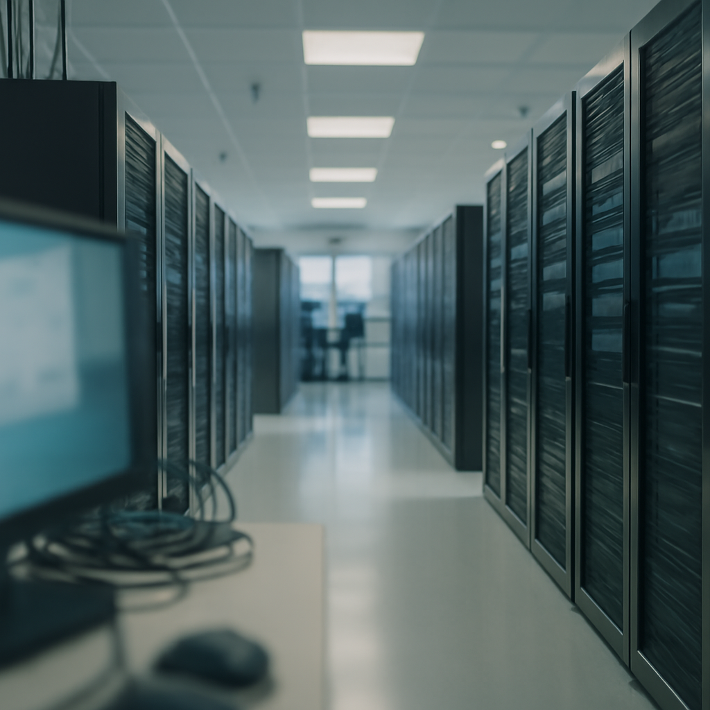 Rows of computer servers and networking equipment in a brightly-lit server room.