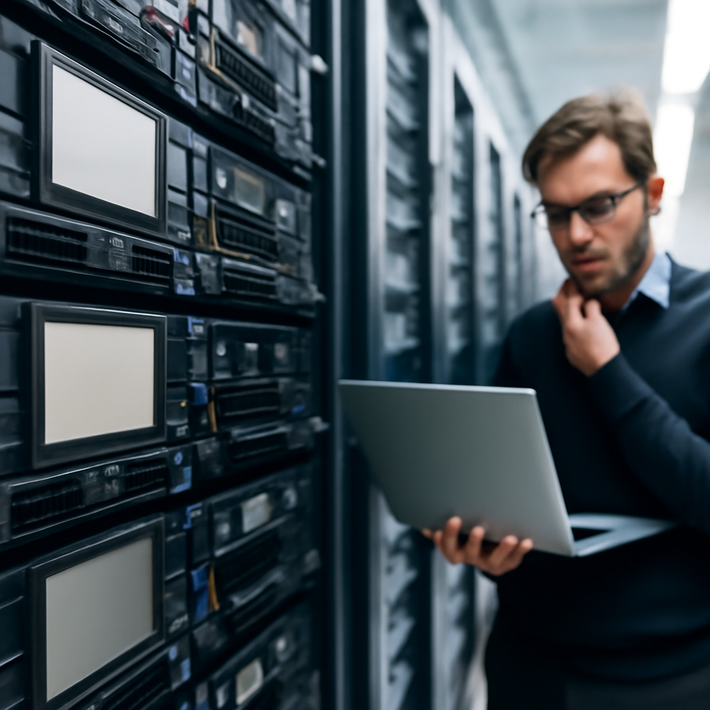 Rows of rack-mounted servers with a network administrator in the background.