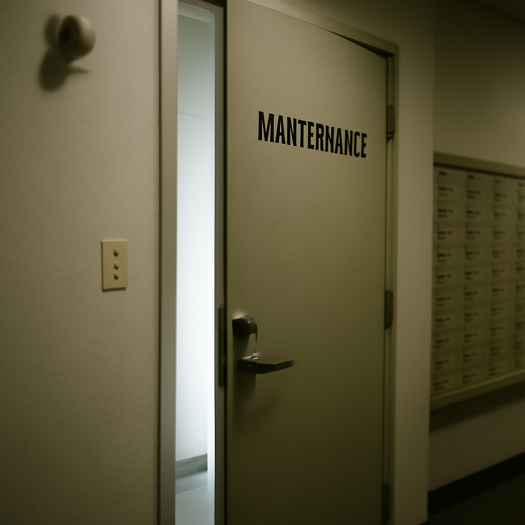 Maintenance door left ajar in a dimly lit office corridor, with an open and unlocked door handle in the foreground.