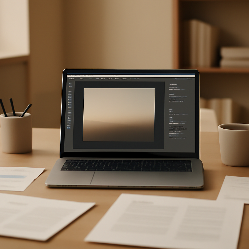 A cluttered office workstation with laptop and papers, and a pillow on a nearby shelf.