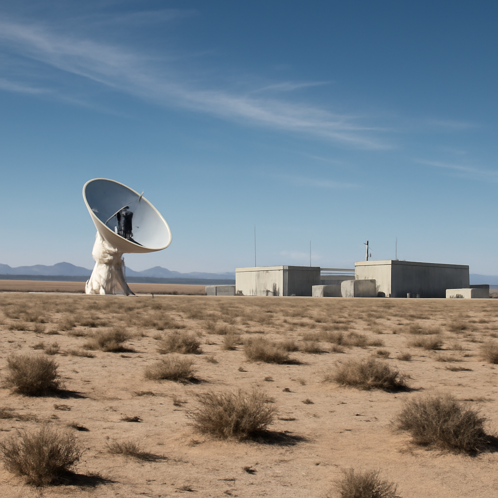 Remote desert landscape with a large satellite ground station in the distance under a clear blue sky.