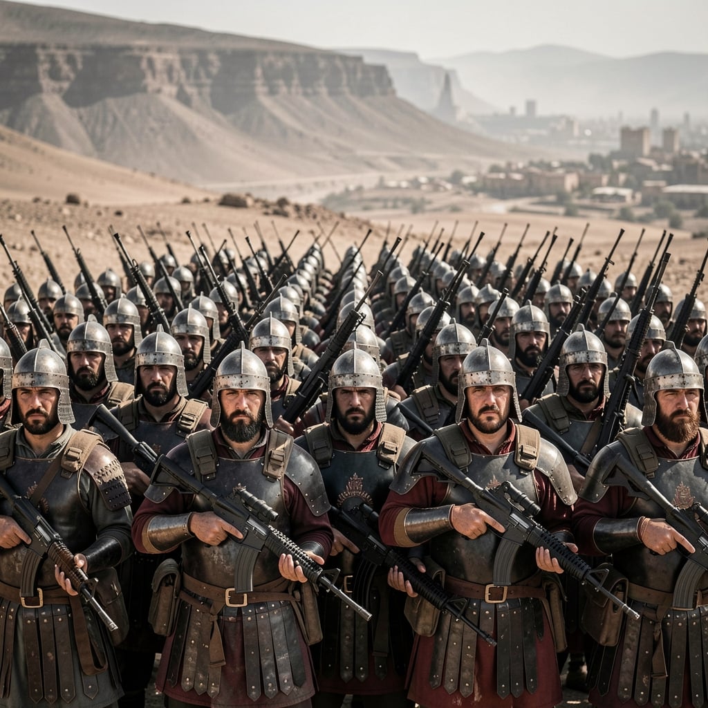 Soldiers in ancient armor form a dense phalanx with modern assault rifles in a rugged terrain.