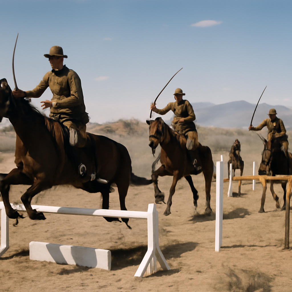 Soldiers on horseback navigate an obstacle course in a rocky, open terrain.