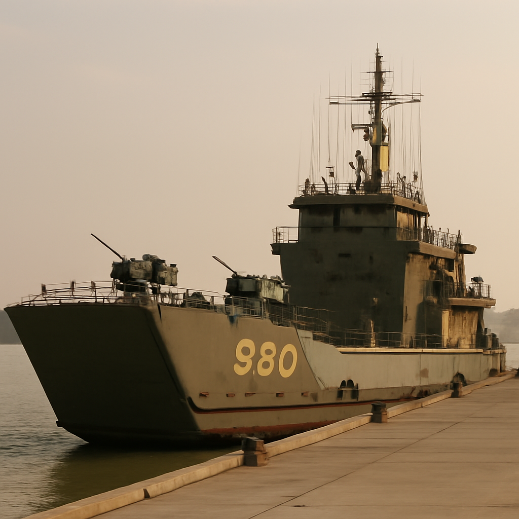 Chinese naval landing craft docked at a pier with earthy color scheme and defensive armament.