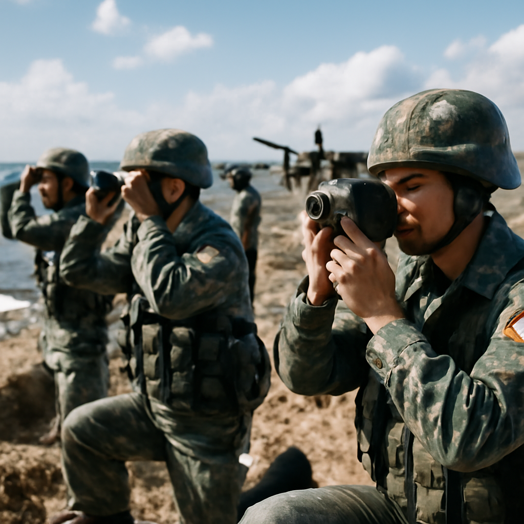 Soldiers in camouflage scan the horizon with binoculars and a rangefinder from a rugged coastal defense position.