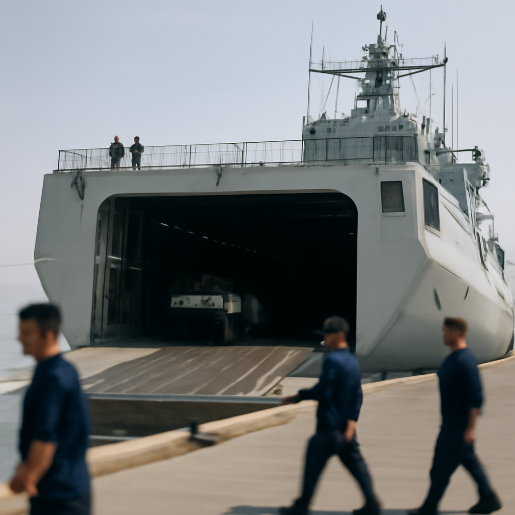PLA Navy amphibious assault ship underway with military personnel on deck.