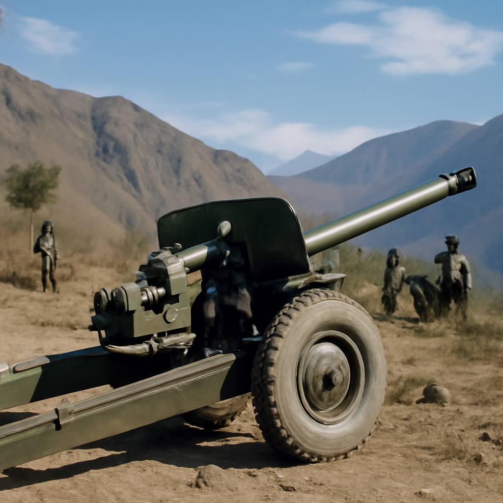 Type 56 85mm anti-tank gun positioned defensively in rugged mountainous terrain.