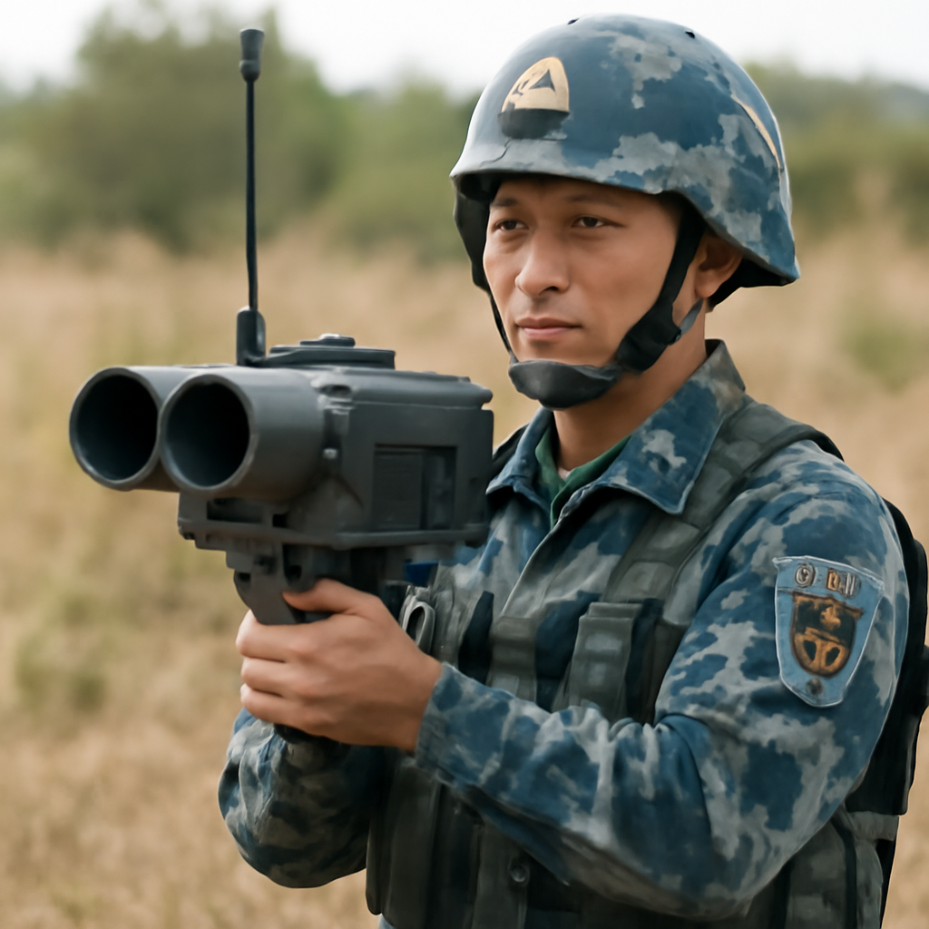 Soldier in camouflage gear holding portable anti-drone net-launcher unit outdoors.