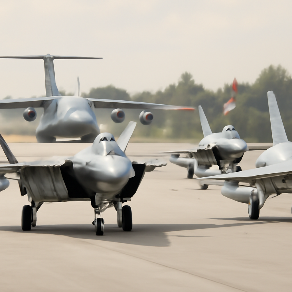 PLAAF aircraft, including stealth fighters and transport planes, form up on a runway under bright daylight.