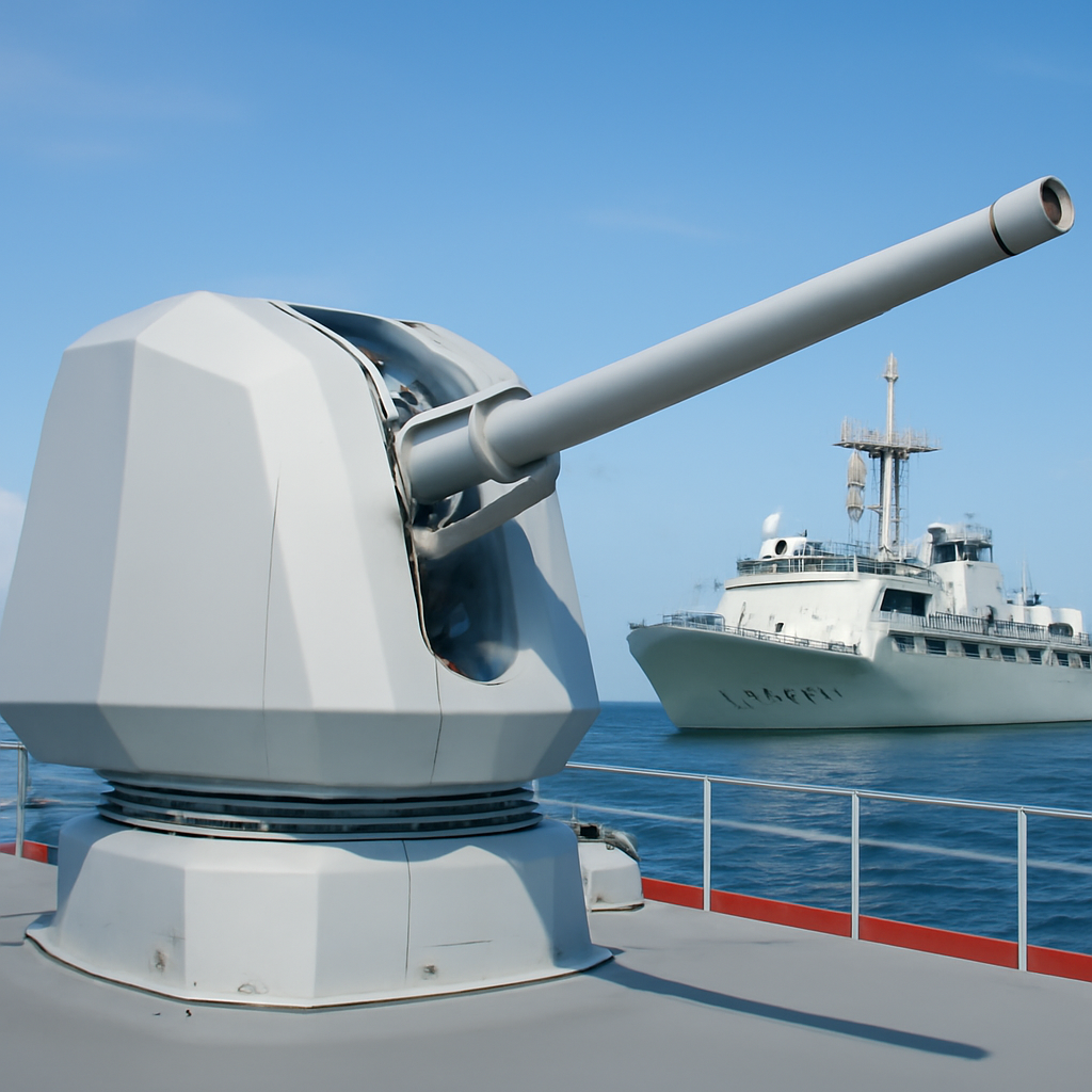 Naval gun mounted on test ship at sea, showcasing modern design and technology.