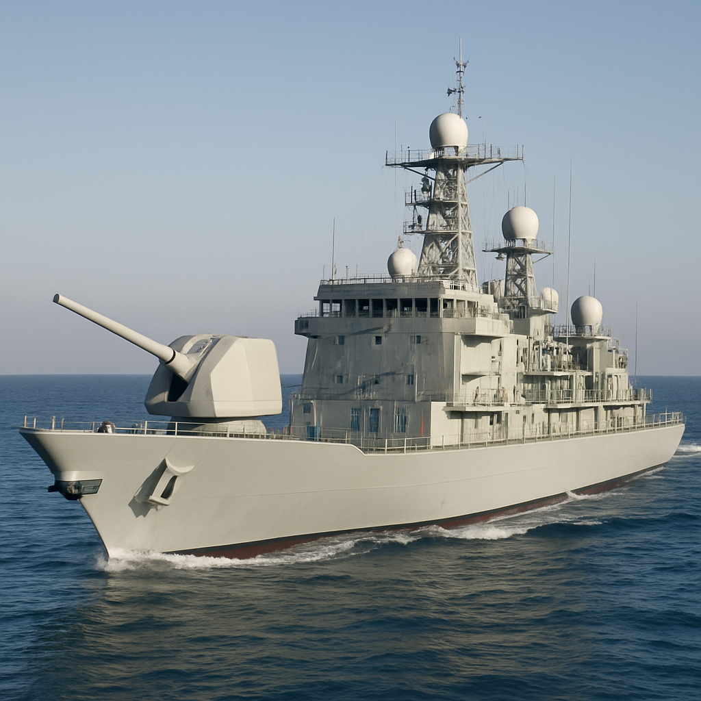 Naval test ship with 155mm gun mount underway at sea on a calm day.
