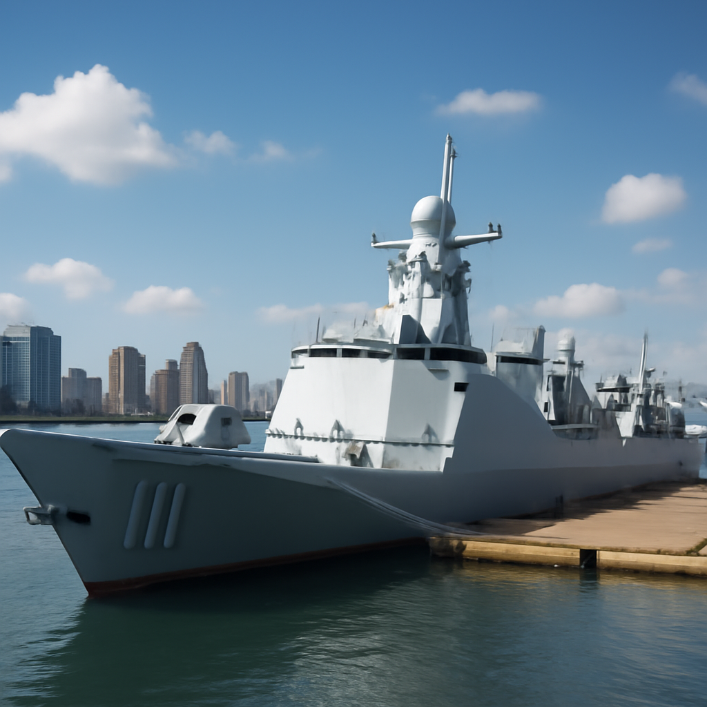 Modern Chinese destroyer DDG-111 moored in a naval base with city skyline.