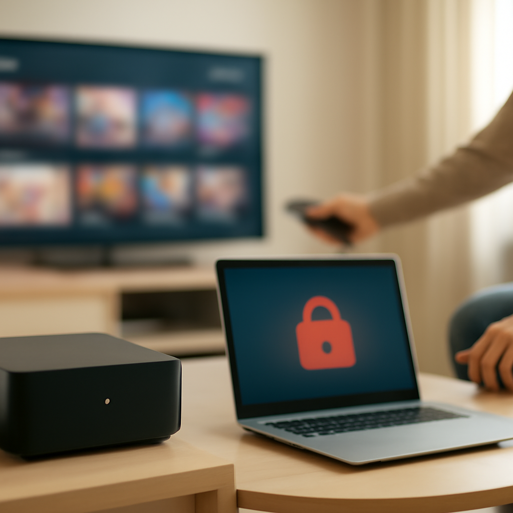Home media setup with devices and TV, person reaching for remote with urgency.