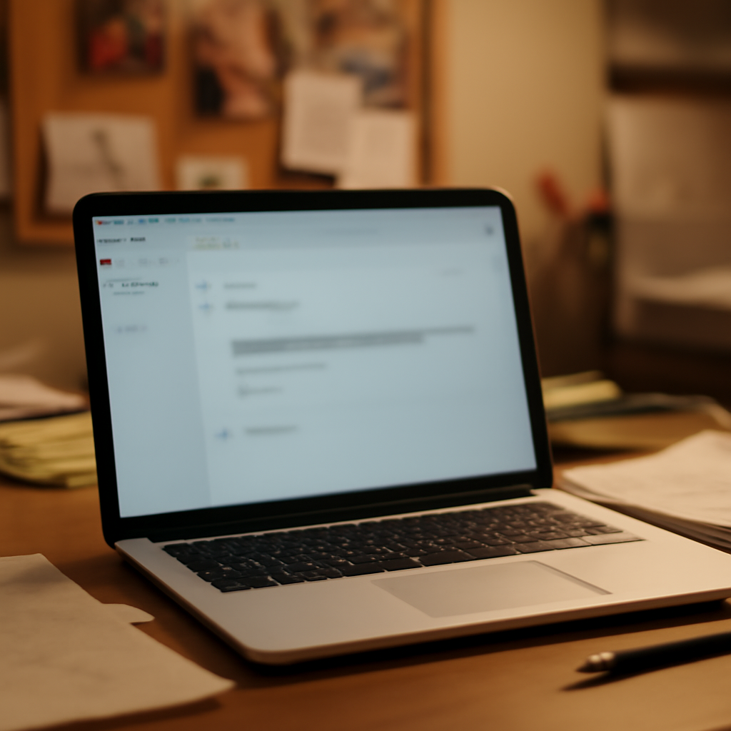 Laptop screen on cluttered desk shows blurred email inbox with one message.