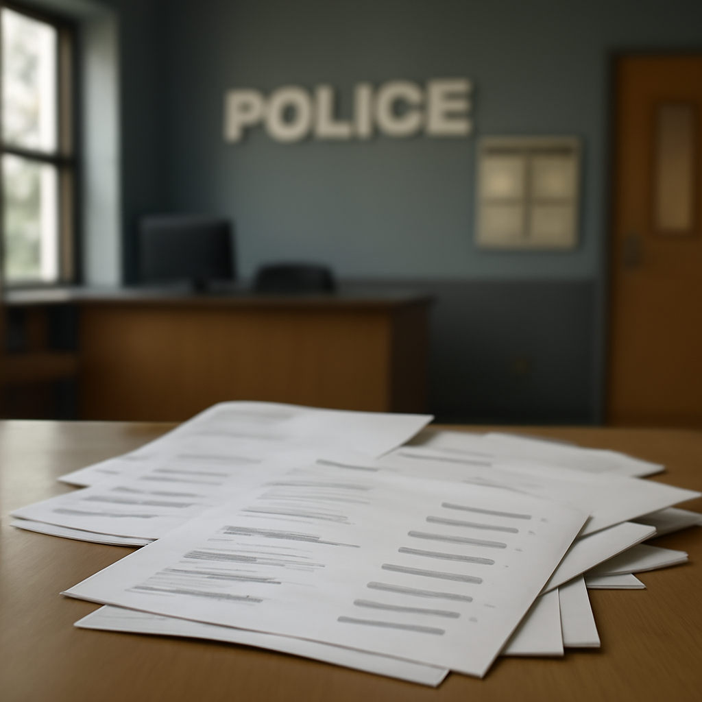 Blurred police station lobby with out-of-focus interior details.