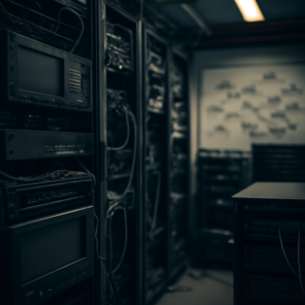 A dimly lit server room with rows of equipment and cables, featuring prominent servers with blank screens in the foreground.