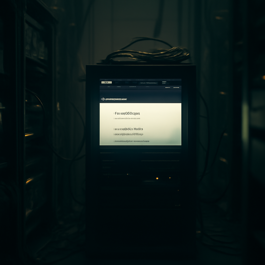 A dimly lit server room with a central server displaying a GitHub page with a poem.