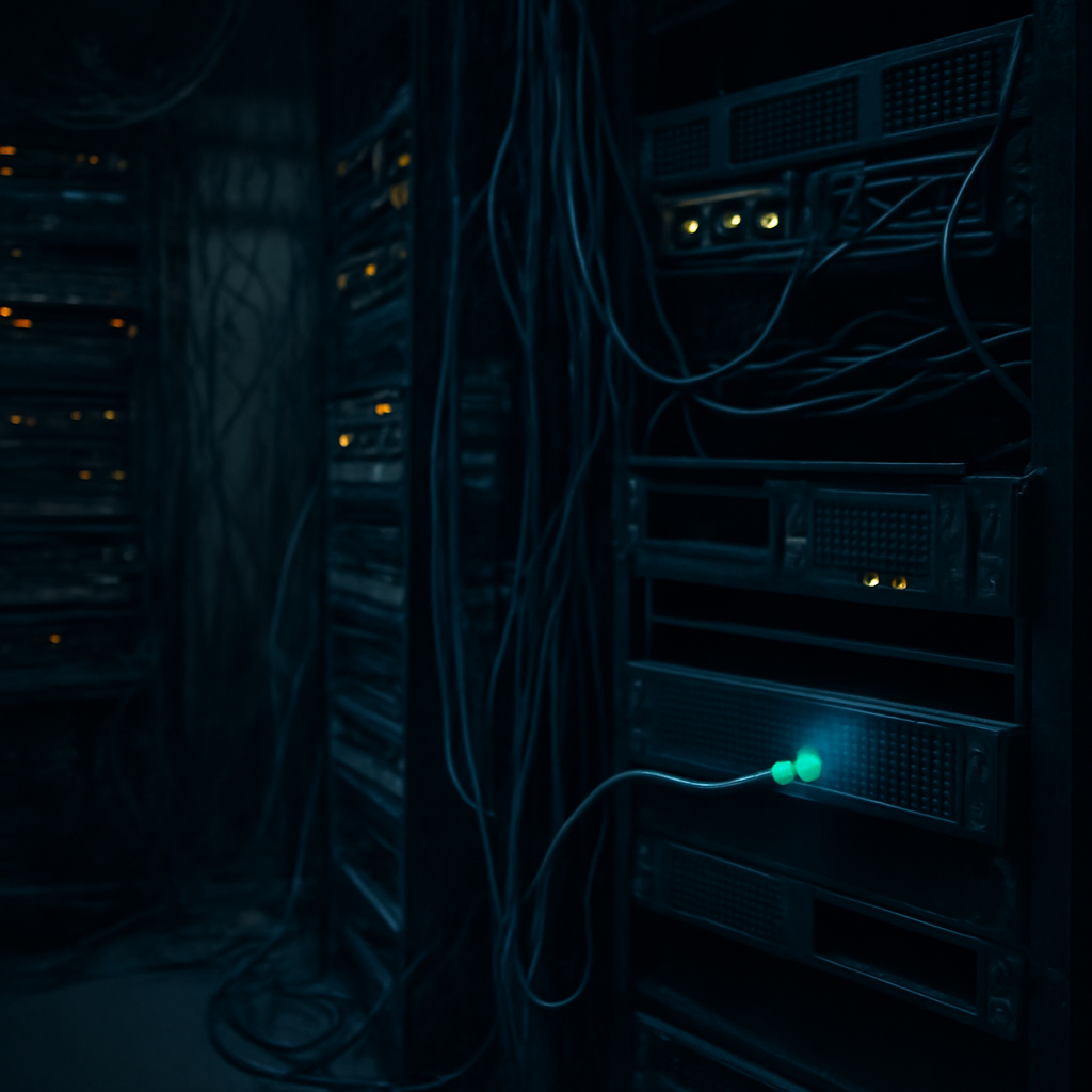 Dimly lit server room with blinking servers and tangled cables.
