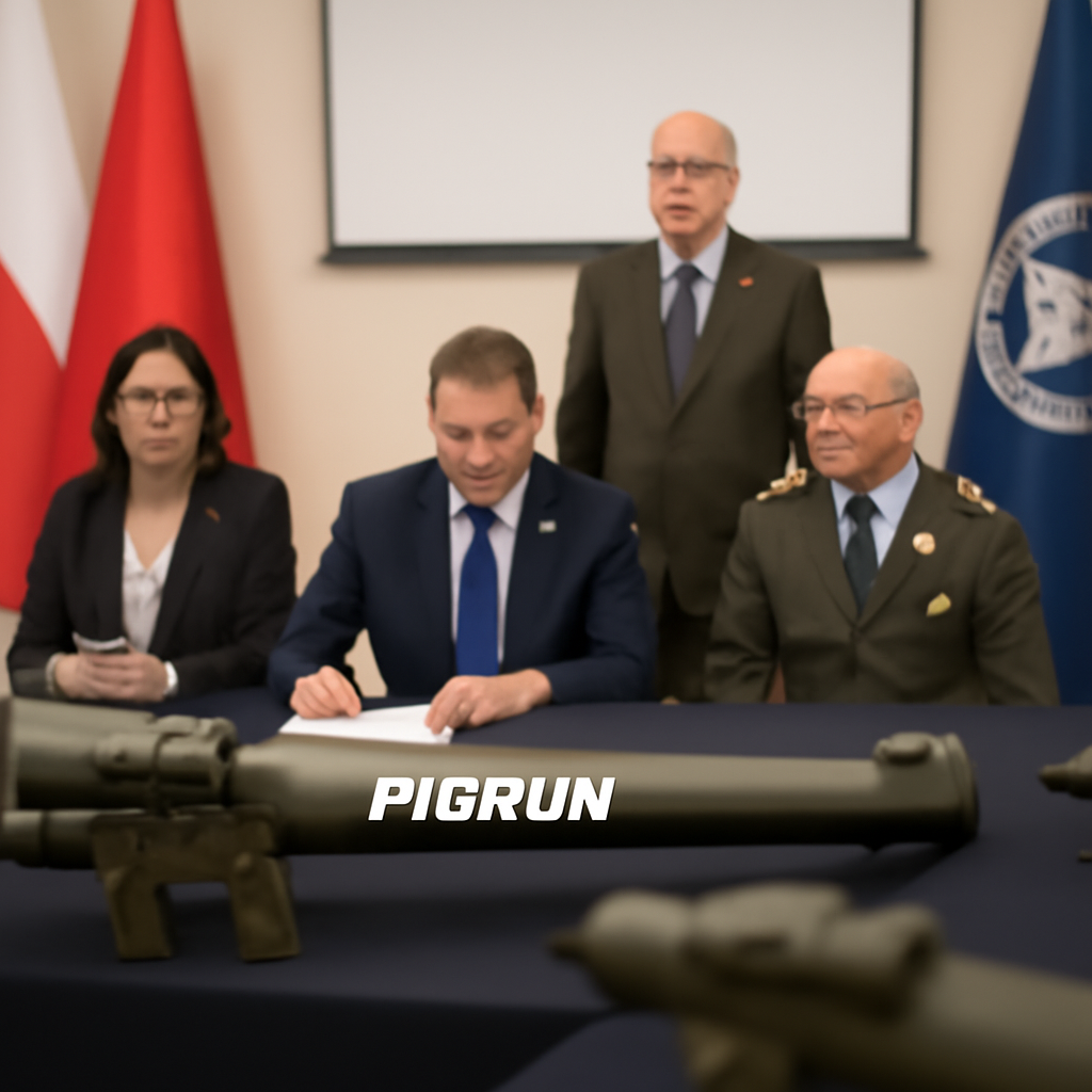 Officials gather around a table for a missile agreement signing ceremony.