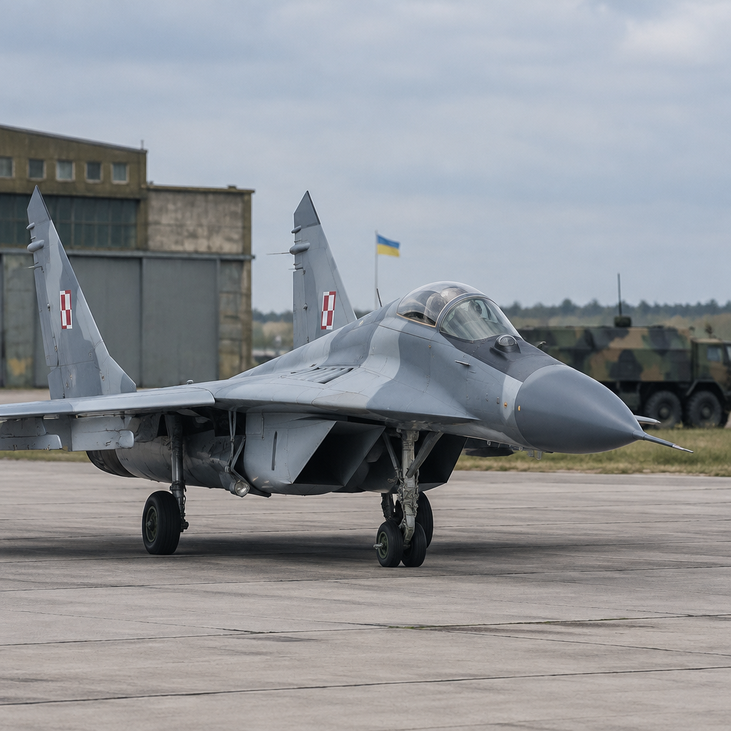 Polish Air Force MiG-29 fighter jet on a runway, positioned for transfer or deployment.