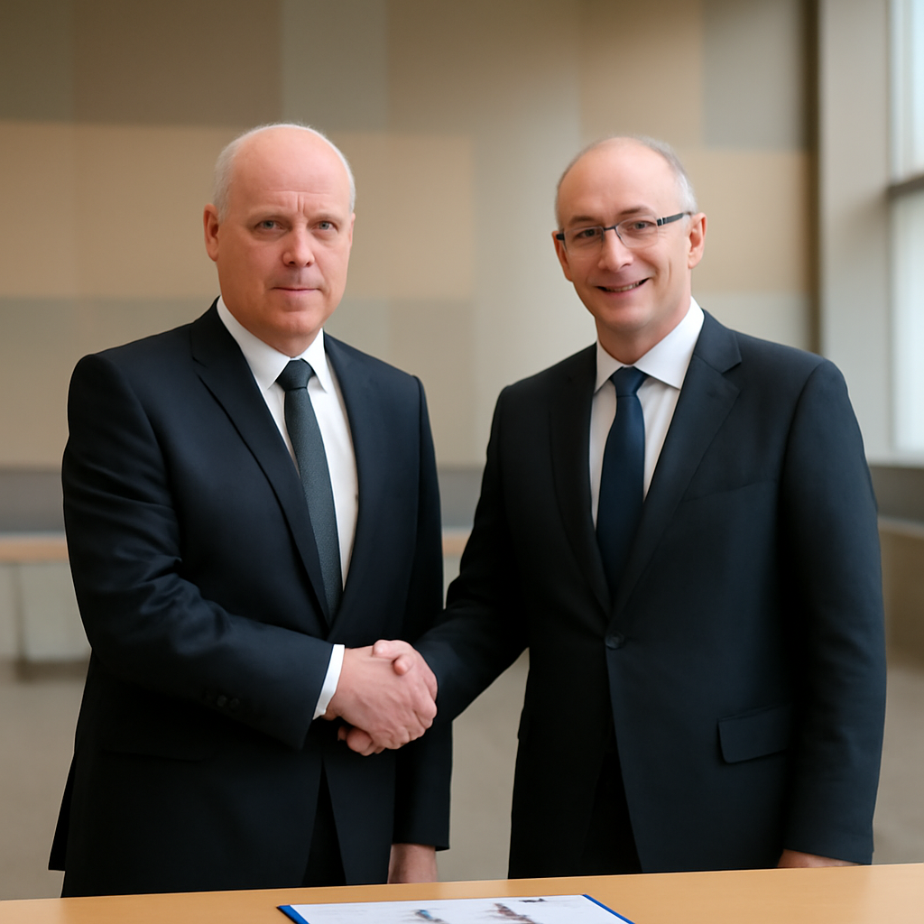 Two defense ministers shake hands in a neutral-colored conference room.
