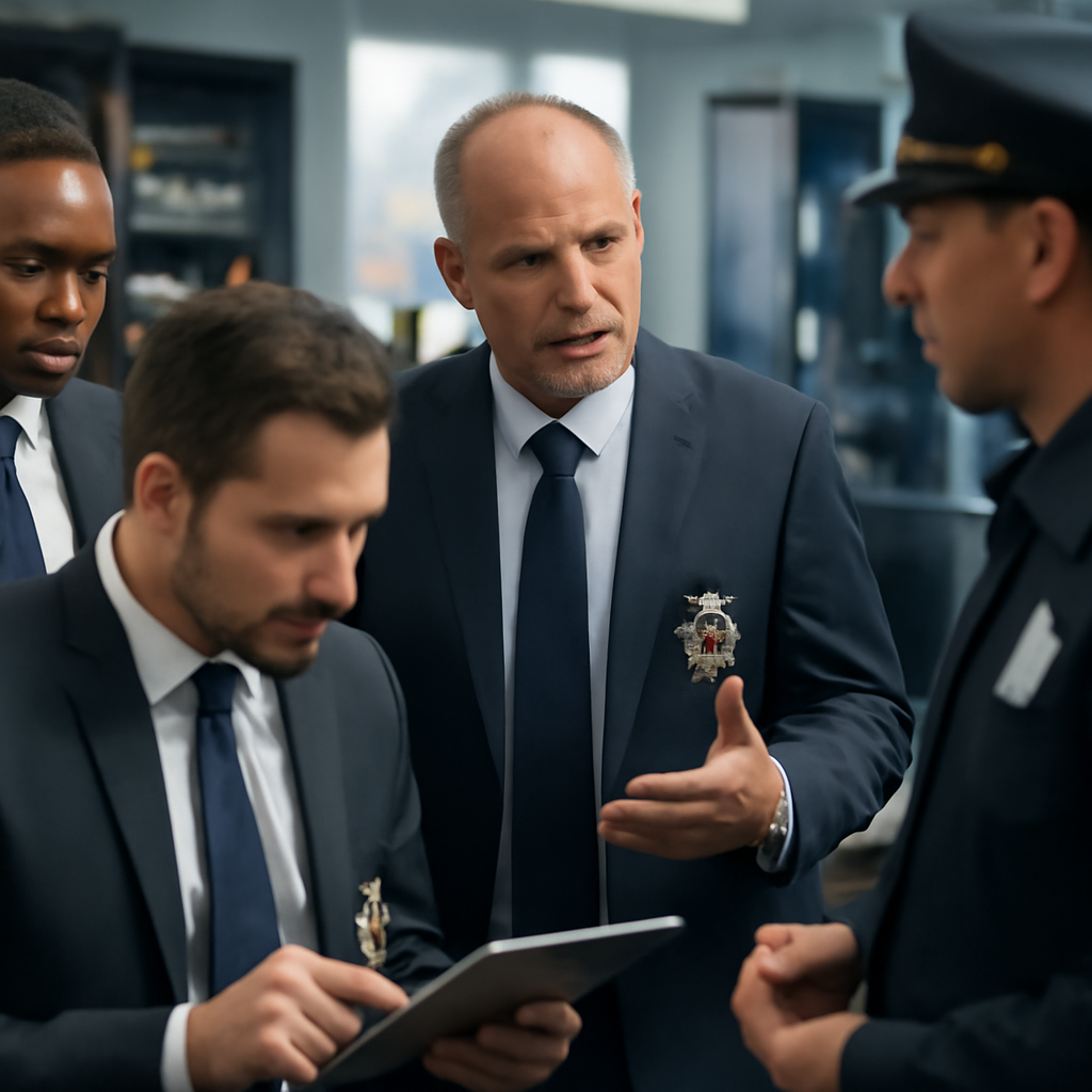 Authorities in formal attire gather in a briefing room with subtle tech infrastructure in the background.