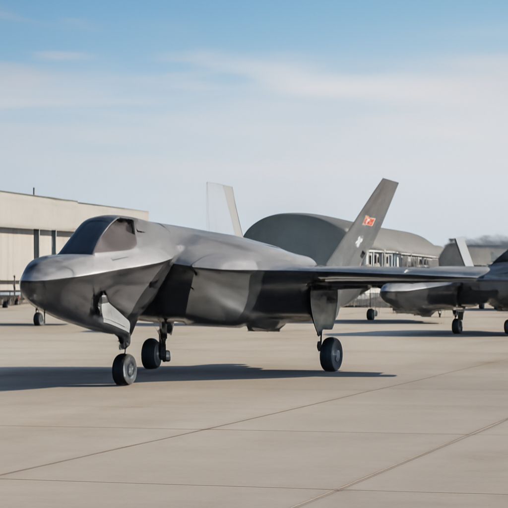 Polish Air Force base with several F-35 fighter jets parked on tarmac.
