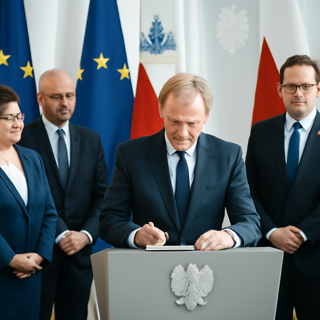 Polish officials gather at a formal ceremony with a speaker at a podium.