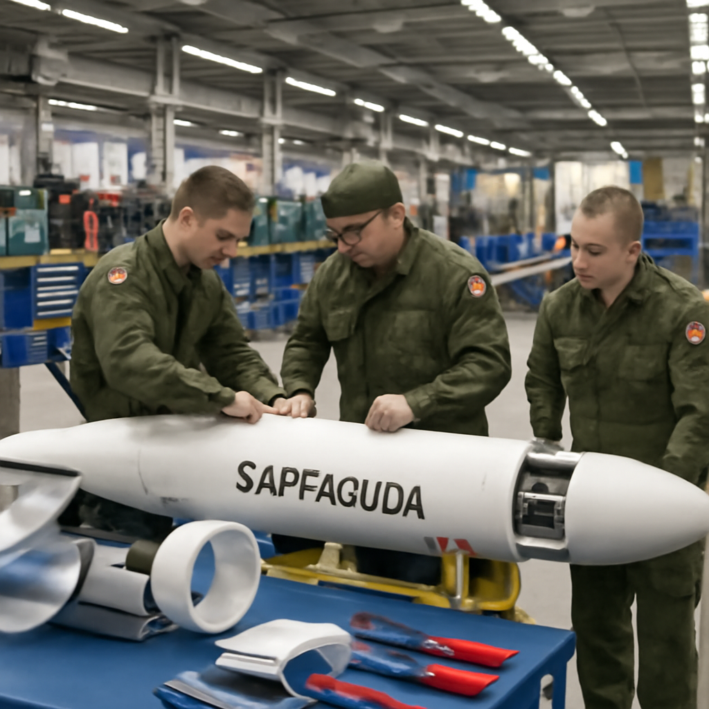 Technicians inspect Barracuda cruise missile components at a Polish manufacturing facility.