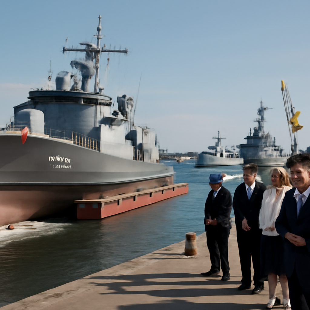 Polish officials attend frigate launch ceremony in Gulf of Gdansk.