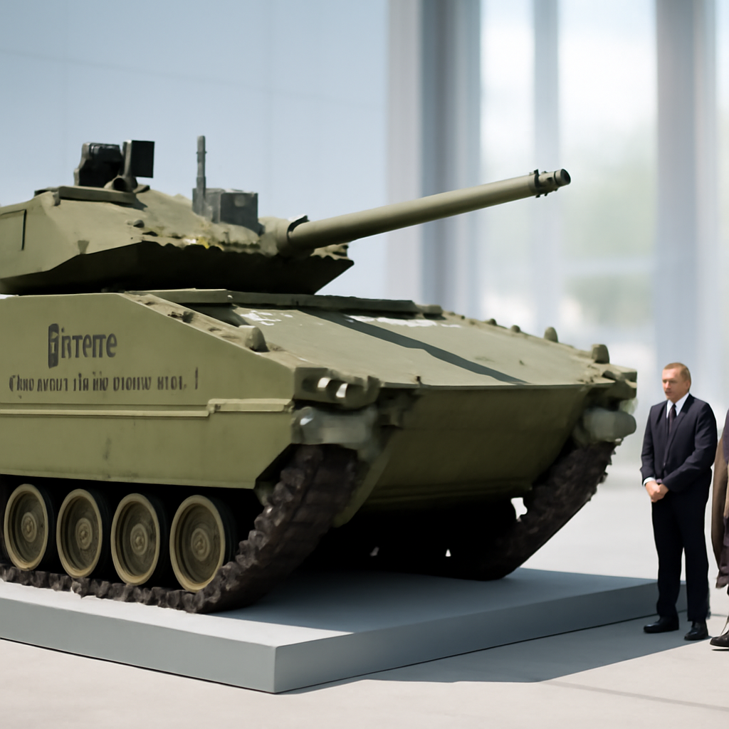 Military officials gather around CBWP Heavy Infantry Fighting Vehicle at exhibition.