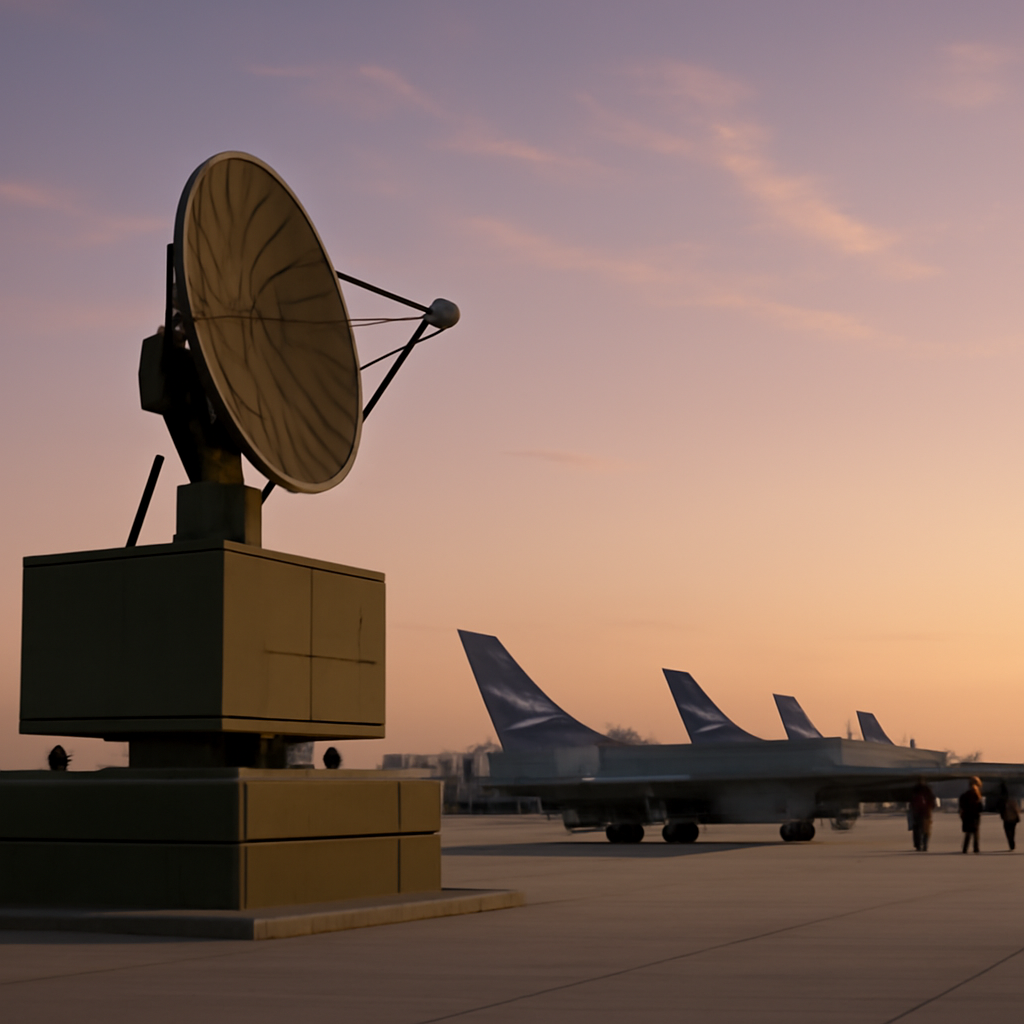 Polish Air Force base at dusk with aircraft, personnel, and air defense radar.