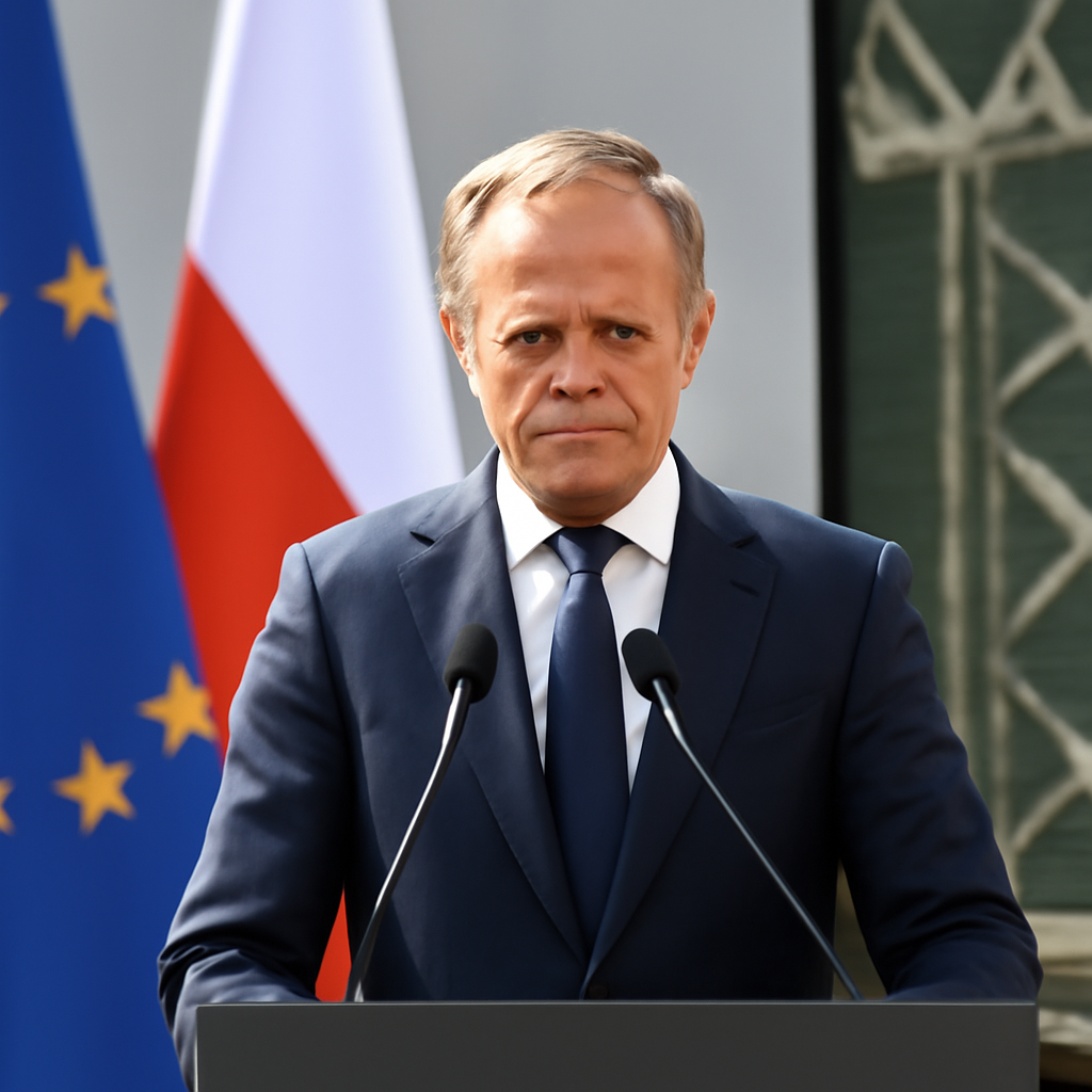 Polish Prime Minister Donald Tusk speaks at a security conference with a serious expression.