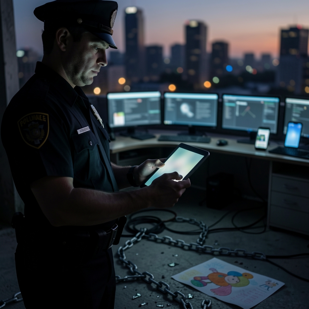 Police officer holds tablet, surrounded by dark tech symbols, shattered chains and broken cables.