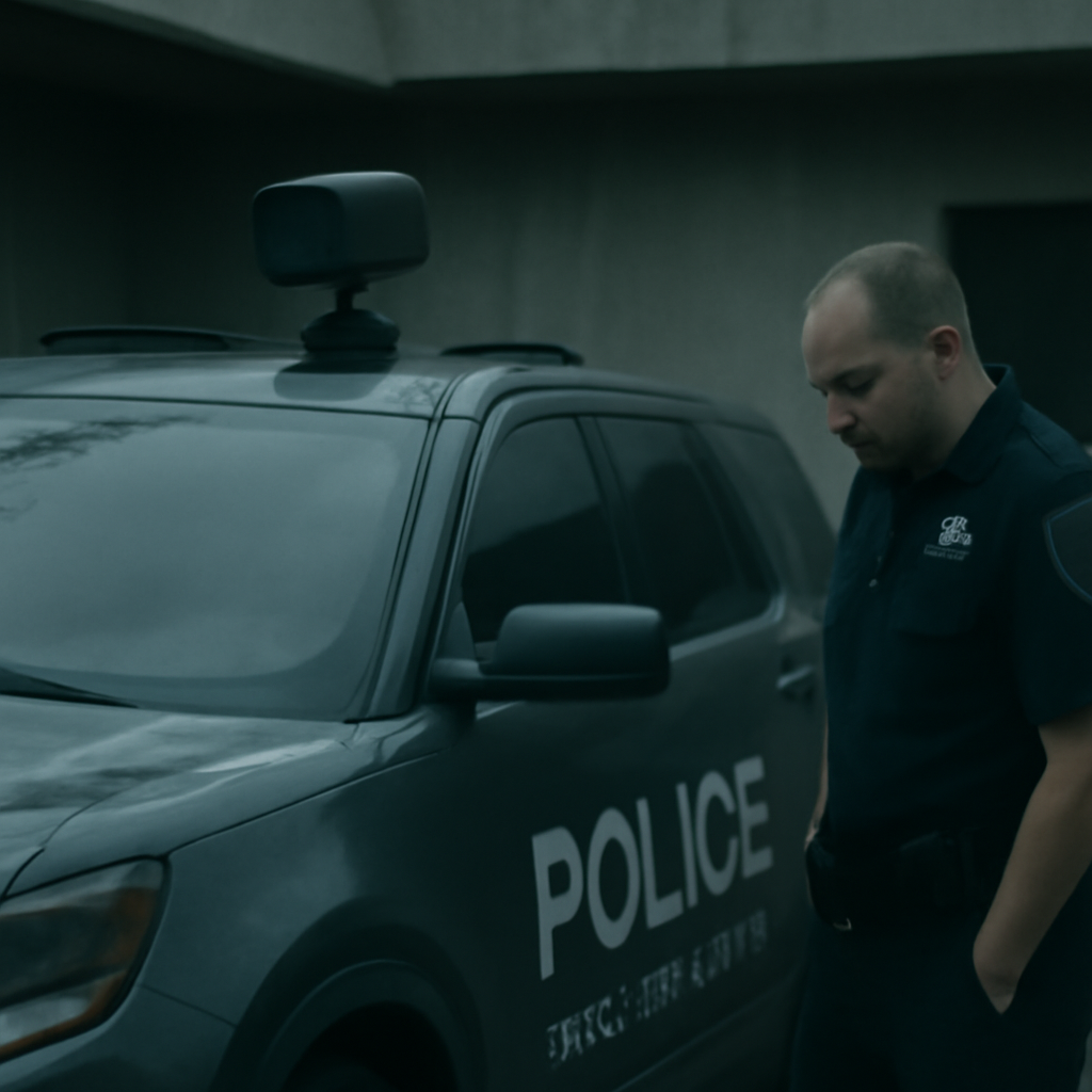 Police vehicle with surveillance camera parked in shaded area.