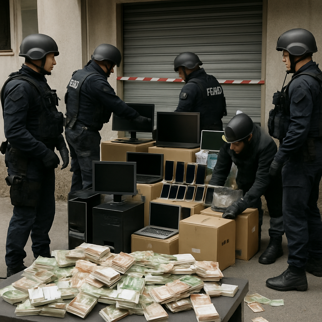 Police officers in tactical gear stand outside a call centre during a daytime raid in Tirana, Albania.