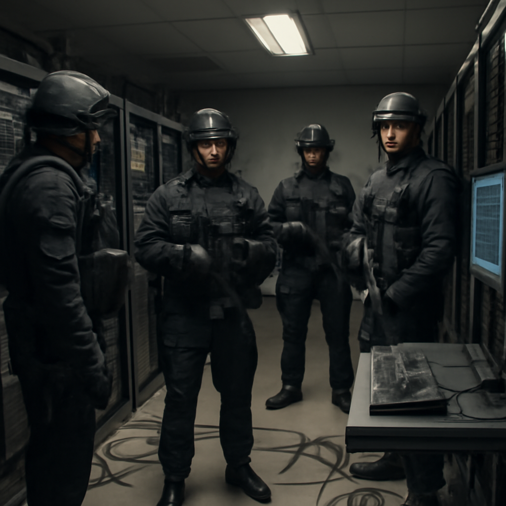 Police officers in tactical gear stand amidst computer servers and networking equipment in a dimly lit data center.