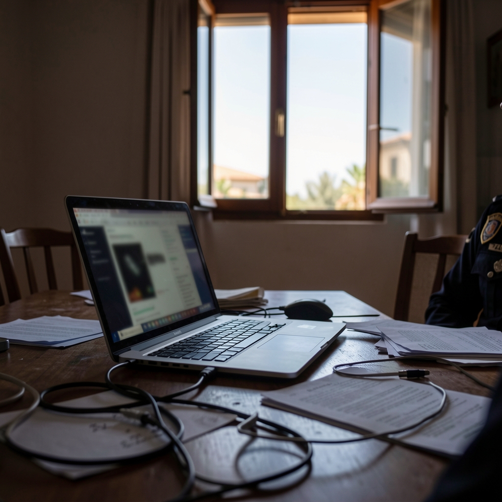 Cluttered home interior with laptop, papers, and cables, blurred details.