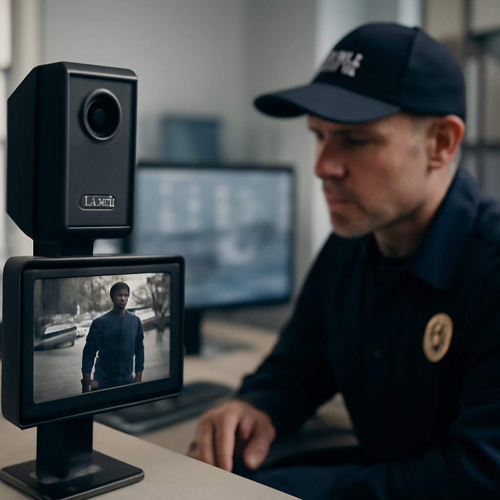 Police officer surveils individual through Flock camera system in dimly lit area.
