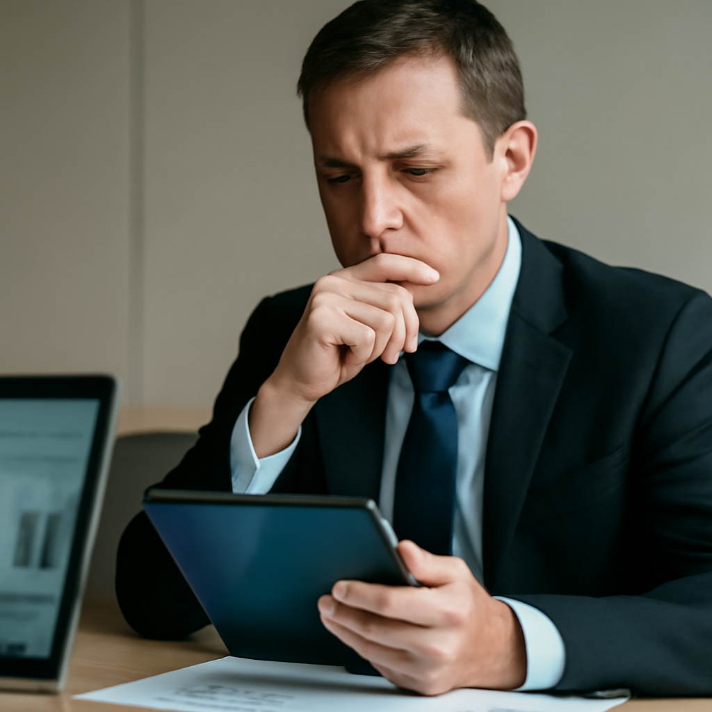 Person in professional setting surrounded by technology and data analysis tools.