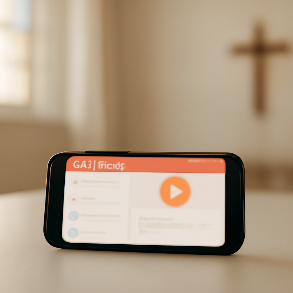 Smartphone displaying Click To Pray app in a neutral room with subtle church background.