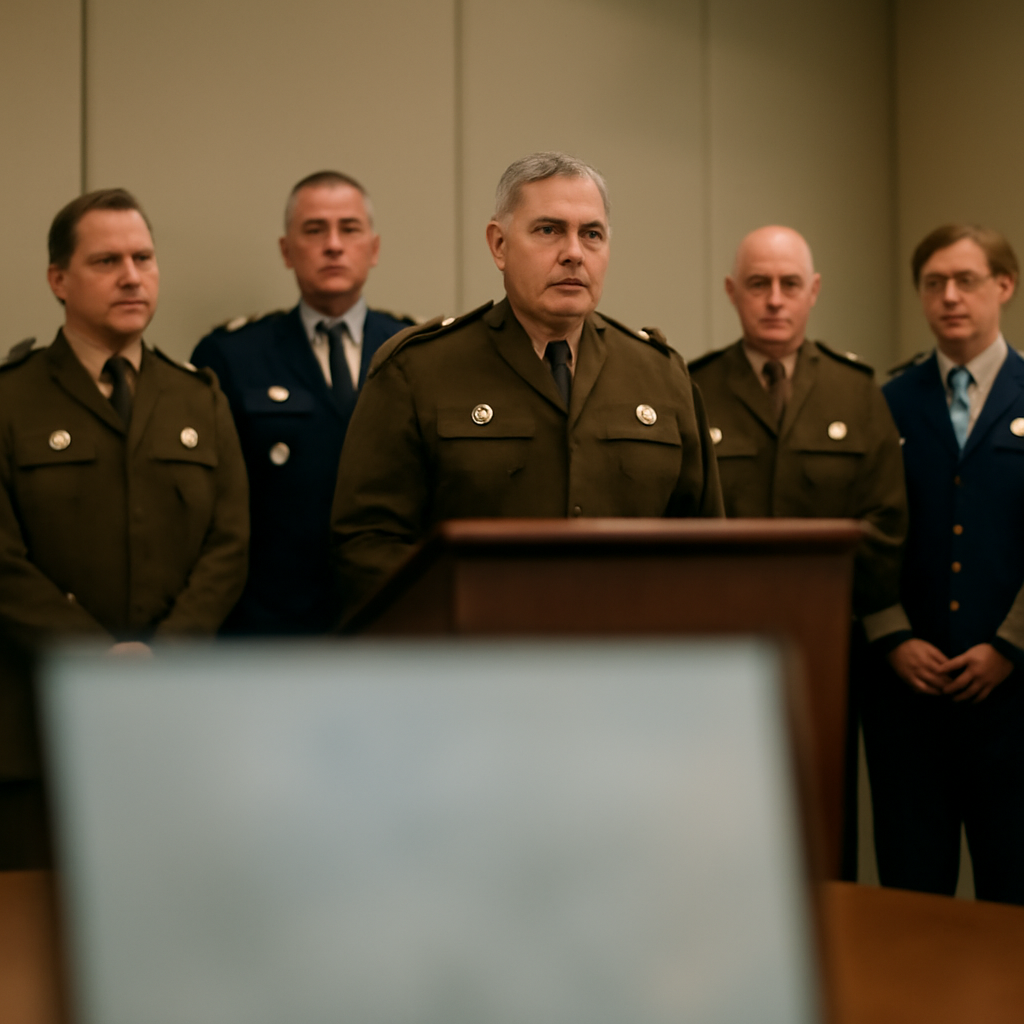 Defense personnel gather around a table with a blank display screen in a formal setting.