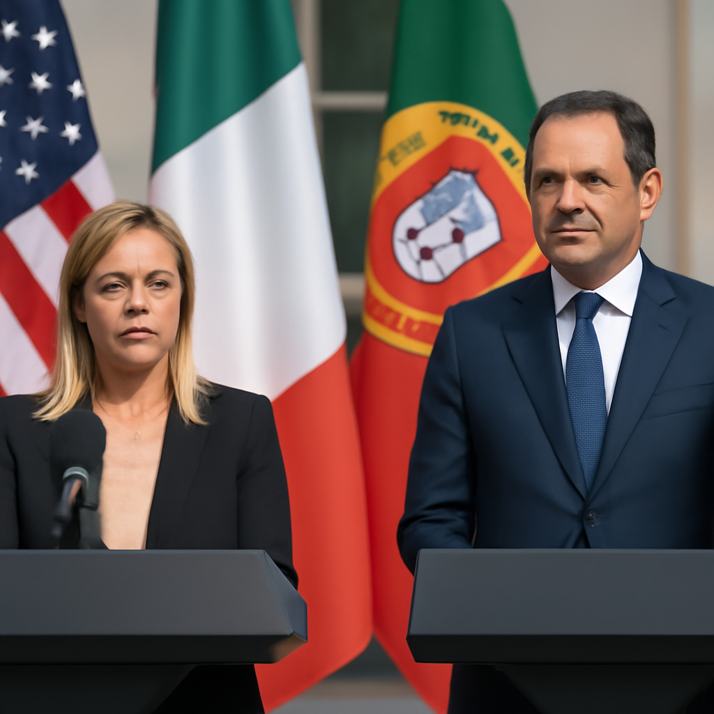 Italian and Portuguese Prime Ministers stand side by side at a joint press conference with podium and flags in background.