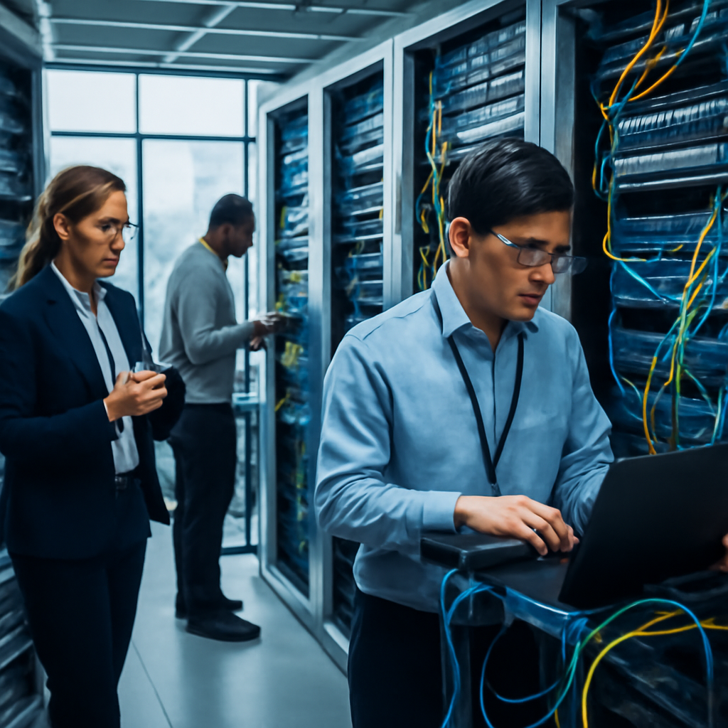 Technicians work on laptop in network operations center with rows of servers and equipment.